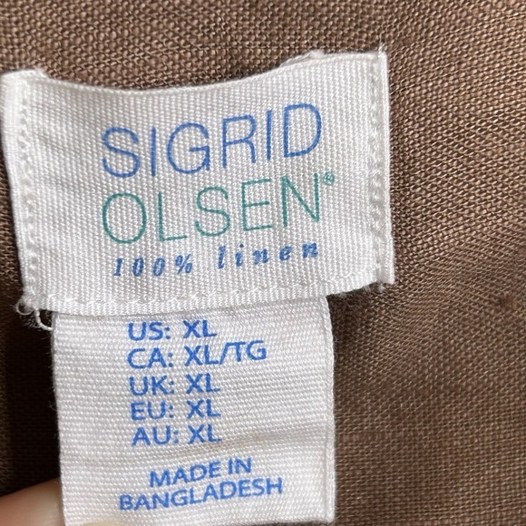 Sigrid Olsen 100% Linen Top Blouse Button Up Shirt Womens XL Brown Roll Tab - Picture 7 of 8